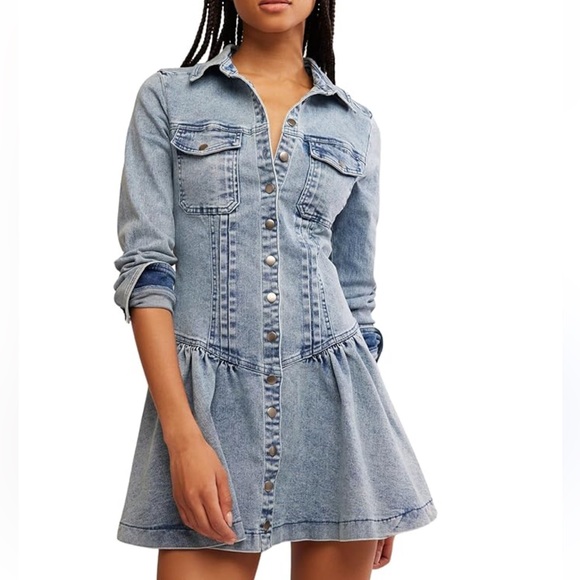 Free People Dresses & Skirts - Free People On the Road Rinse Denim Ruffle Dress Medium NWT